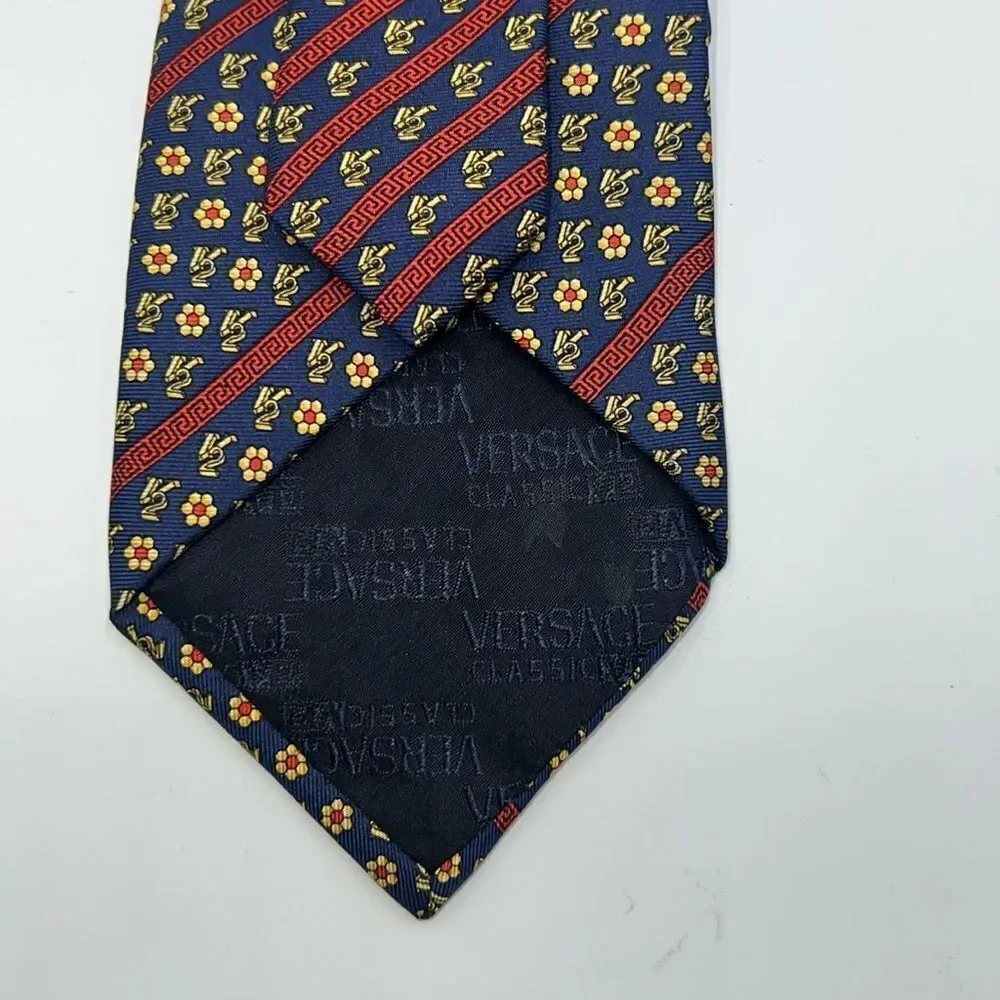 VERSACE CLASSIC V2 Navy Blue and Yellow Floral Pattern Silk Necktie